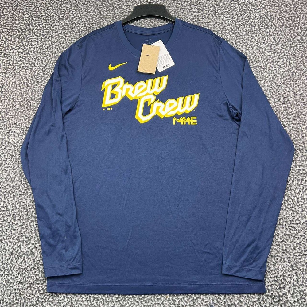 Nike Milwaukee Brewers Brew Crew Dri-Fit Shirt Men Large Navy Long Sleeve New L